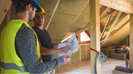 Zwei Bauarbeiter in Schutzkleidung und Helmen besprechen Baupläne in einem Dachgeschoss eines im Bau befindlichen Hauses.